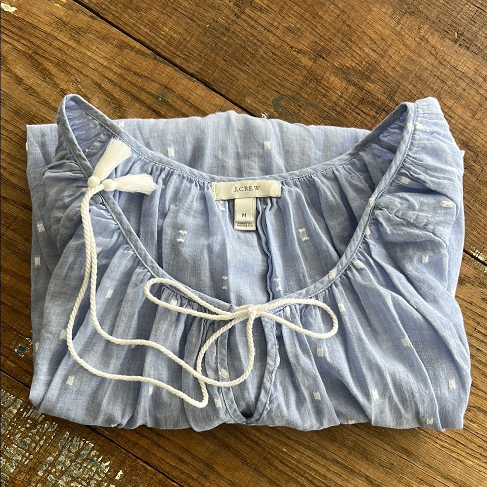 J.Crew Light Blue Tie Front Peasant Blouse Size M